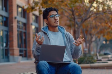 Wall Mural - Young hispanic man sitting outside on a bench near an office building wearing glasses, holding a laptop on his lap and talking on a video call while gesturing with his, Generative AI