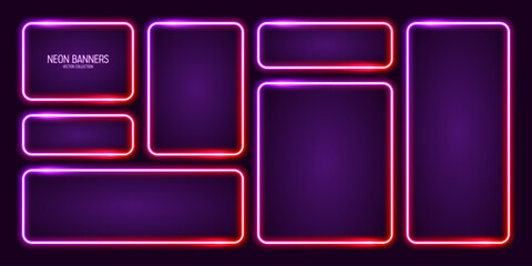 Wall Mural - glowing neon banners, illuminated colorful square frames. shiny vibrant border, glow effect. purple 
