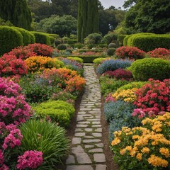 Botanical Garden: Highlight the manicured beauty of a botanical garden with rows of colorful flowers and meticulously trimmed hedges.

