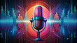 © Yekatseryna - Colorful music podcast concept. Microphone with voice recording wave. Future technology