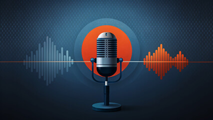 Colorful music podcast concept. Microphone with voice recording wave. Future technology