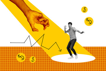 Aufkleber - Composite trend artwork 3D sketch image photo collage of target trader business money arrow down lose crisis lose miniature man grimace