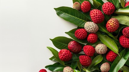 Poster - Mouthwatering lychee fruits nestled amid lush greenery, against a serene white background, symbolizing freshness and purity
