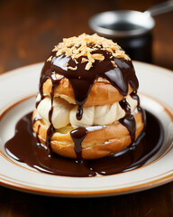 Gourmet dessert profiterole filled with vanilla ice cream and topped with rich chocolate sauce on a white plate.