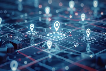 Aufkleber - Networked location pins over a digital circuit board representing data, technology, and GPS navigation concepts.