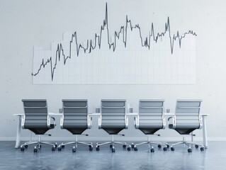 Aufkleber - Modern conference room with graph display, five office chairs, and a concrete floor, representing business trends and analytics.
