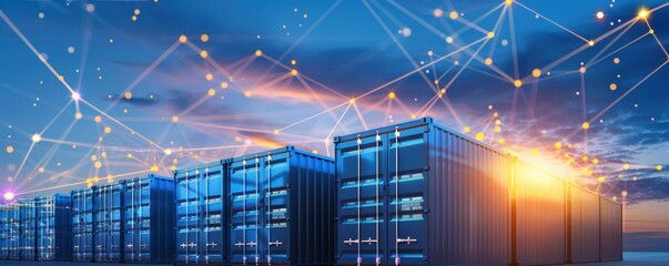 Aufkleber - Modern data center with blue servers and network connections at sunset, representing cloud computing and big data technology.