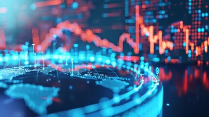 Aufkleber - Futuristic financial data visualization with charts and graphs in foreground, showcasing a digital representation of global economic trends.