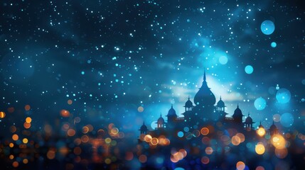 Magical Nighttime Silhouette of Indian Palace with Bokeh Lights Background
