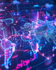 Leinwandbilder - Digital world map with futuristic data and neon charts visualizing global financial trends and technological connections.
