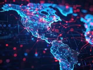 Leinwandbilder - Digital world map with glowing connections representing global communication, technology, and network data flow. Futuristic red and blue design.