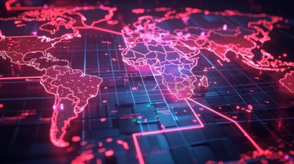 Wall Mural - glowing digital world map with neon connectivity lines