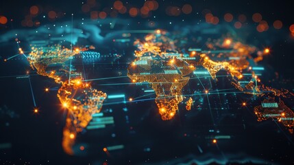 Wall Mural - glowing digital world map with neon connectivity lines