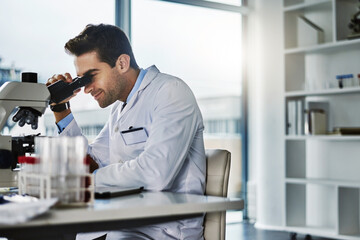 Wall Mural - Lab, microscope and man with smile for science, cells and breakthrough for medicine in healthcare for virus. Digital, magnifying and particles for cure of disease in USA, scientist and development