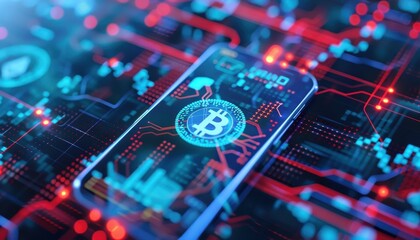 Aufkleber - Digital representation of Bitcoin on a smartphone screen, surrounded by a futuristic circuit board design symbolizing cryptocurrency and blockchain.