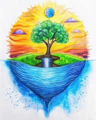 Poster - Colorful surreal artwork of a tree at sunset merging with water beneath, illustrating nature's harmony and balance.