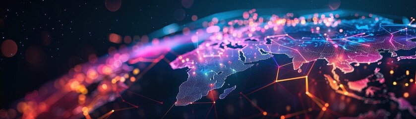 Wall Mural - glowing digital world map with neon connectivity lines