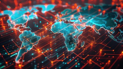 Wall Mural - glowing digital world map with neon connectivity lines