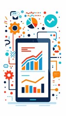 Poster - Colorful infographic depicting data analytics and statistical graphs on a tablet display, surrounded by icons representing technology and progress.