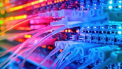 Poster - Close-up of network cables connected to a server in a data center with colorful lights indicating internet connection and data transfer.