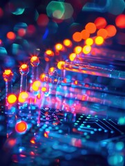 Poster - Close-up of illuminated electronic circuit board with glowing lights in a vibrant, colorful and futuristic design.