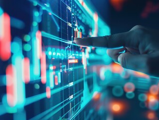 Poster - Close-up of hand pointing at digital financial charts on touch screen, representing data analysis, stock market, and finance.
