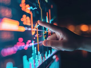 Poster - Close-up of a hand interacting with a digital stock market chart on a touchscreen, showing financial growth and market trends.