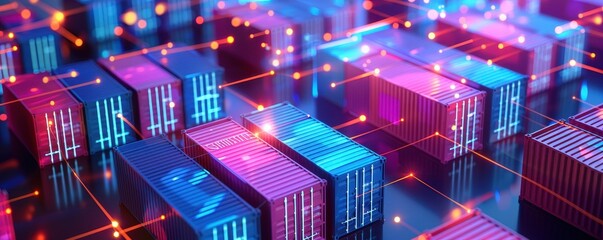 Poster - Brightly colored digital data containers against a futuristic neon technology background, symbolizing data storage and cloud computing.