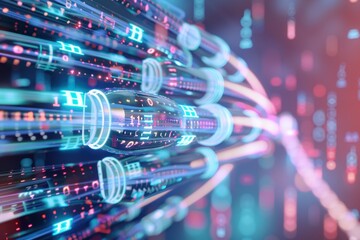 Poster - abstract visualization of data transfer and internet communication with glowing fiber optics, repres