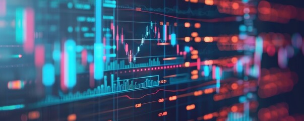 Poster - Abstract financial data visualization with neon graphics showcasing currency exchange rates and market trends in a futuristic style.