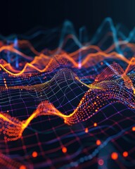 Aufkleber - Abstract digital landscape with vibrant neon colors representing data waves and network connections on a black background.
