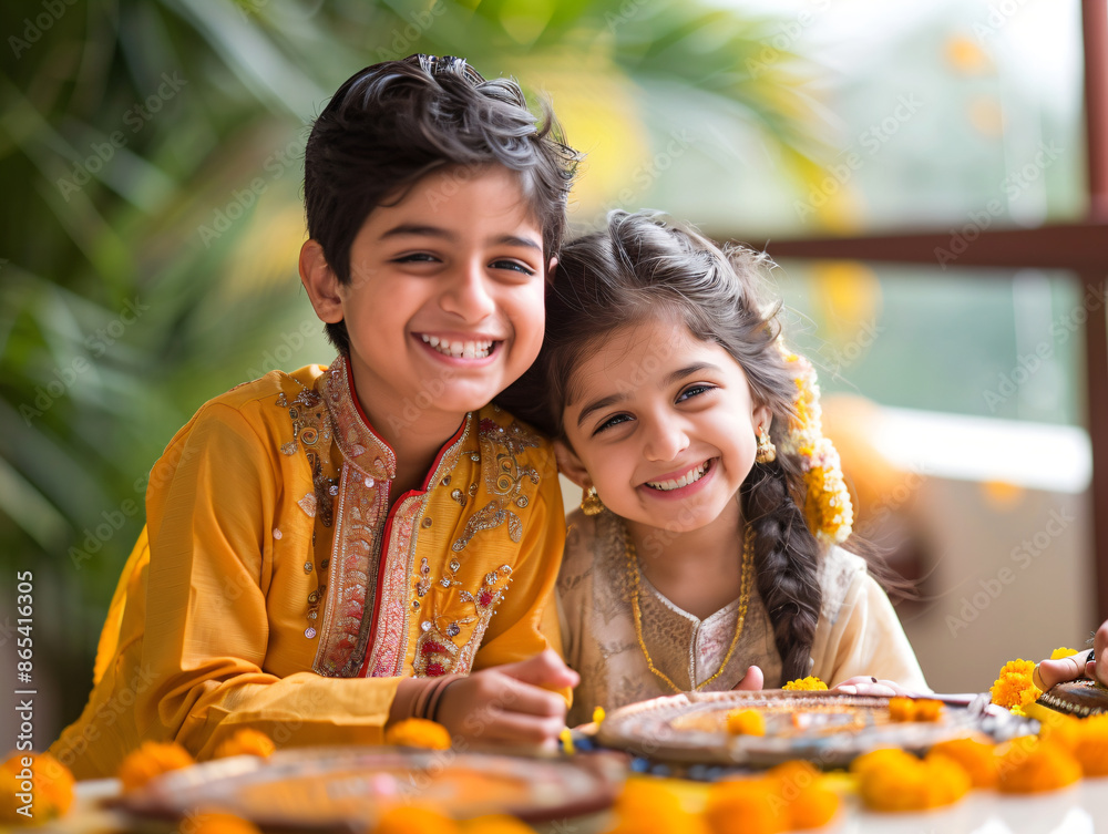 Siblings celebrating Raksha Bandhan with traditional attire, exchanging ...