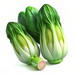  Fresh whole bok choy with vibrant green leaves and white stems, showcasing detailed textures and natural shapes. 3D Render.