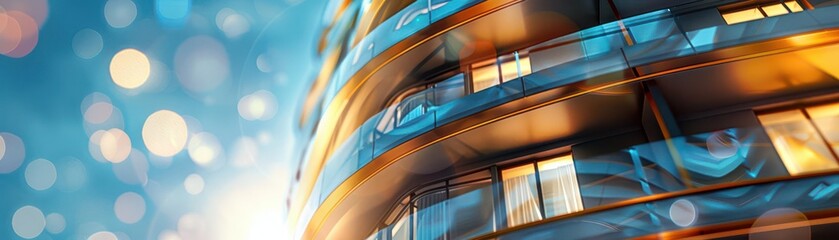 Poster - modern architectural design of a curved building with colorful reflections and lights at dusk, creat