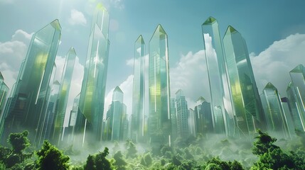 surreal crystal-like office buildings emerging from the ground in organic urban expansion