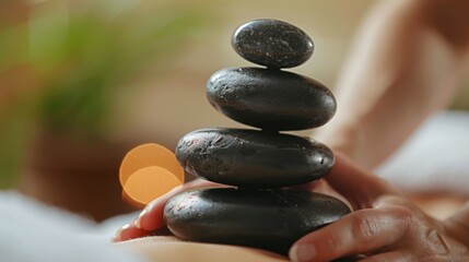 Poster - A hand holds a stack of four black stones, balanced in a spa setting.