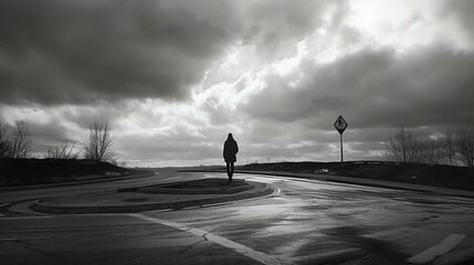 The image is in black and white. A person is walking away from the camera on an empty road.