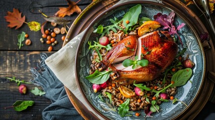 Wall Mural - A colorful plate of roasted duck with a side of tangy watercress and nutty wild rice a delicious harvest meal from the wetland.