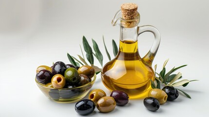 Wall Mural - Assorted olives and olive oil on white background Mediterranean cuisine presentation