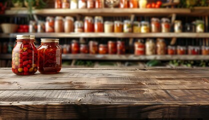 Wall Mural - mockup Empty wooden table against the blurred background of the modern kitchen or cellar with shelves on which there are cans of canned vegetables, mushrooms and jam. The concept of autumn harvesting.