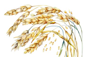 Wall Mural - Watercolor Hand-Drawn Illustration of Heaping Scoop of Oat Flakes and Ear of Oats on White Background