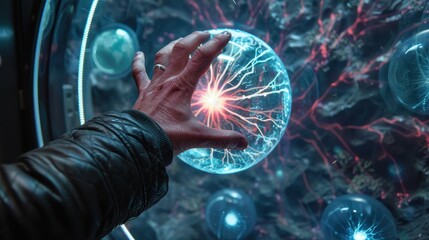 Wall Mural - man hand touching plasma ball with many energy rays