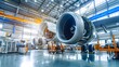© นายเวิ่น เว้อ - A large jet engine is being built in a factory. Concept of industry and progress, as the engine is being constructed in a large, well-lit space