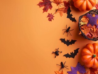 Top view photo of halloween decorations pumpkin baskets spiders bat silhouettes and violet sequins on isolated orange background with empty space