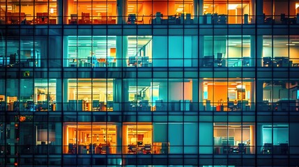 Wall Mural - A modern office building with illuminated windows at night with busy work environment.