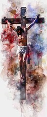 Wall Mural - Divine Sacrifice: A Digital Watercolor Depicting the Crucifixion and Death of Jesus on the Cross.