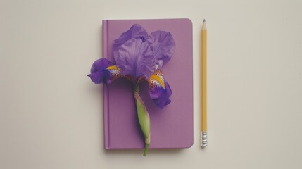 Canvas Print - Notebook and Pencil with Purple Iris Flower on a Light Grey Background