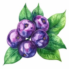 Sticker - Acai Berry Harvest. A Colorful Watercolor Illustration of Fresh Antioxidant-Rich Acai Berries on Branch with Green Leaves