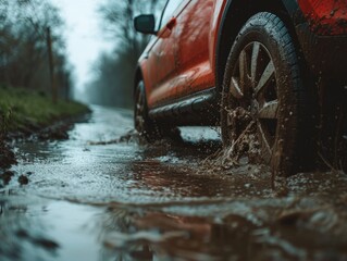 Poster - Red Car Driving Through Water