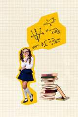 Sticker - Vertical photo collage of happy cute girl think math formula geometry subject book stack literature school isolated on painted background